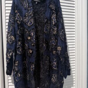 Fuzzy Navy Floral Open Cardigan Sweater - Lane Bryant